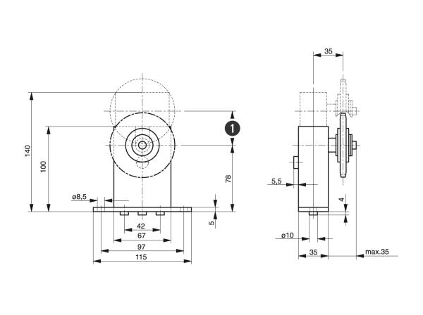 Spann-Box® velikost 1 s řetězovým kolem typ-K-L - Napínáky pro válečkové řetězy - Murtfeldt GmbH Kunststoffe - Technische Zeichnung 1